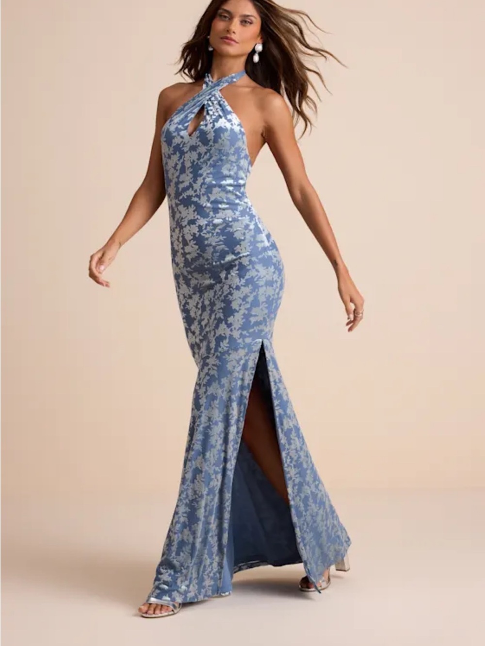 Lulus Sharon Slate Blue Velvet Burnout Halter Maxi Dress - Size M - Picture 2 of 5